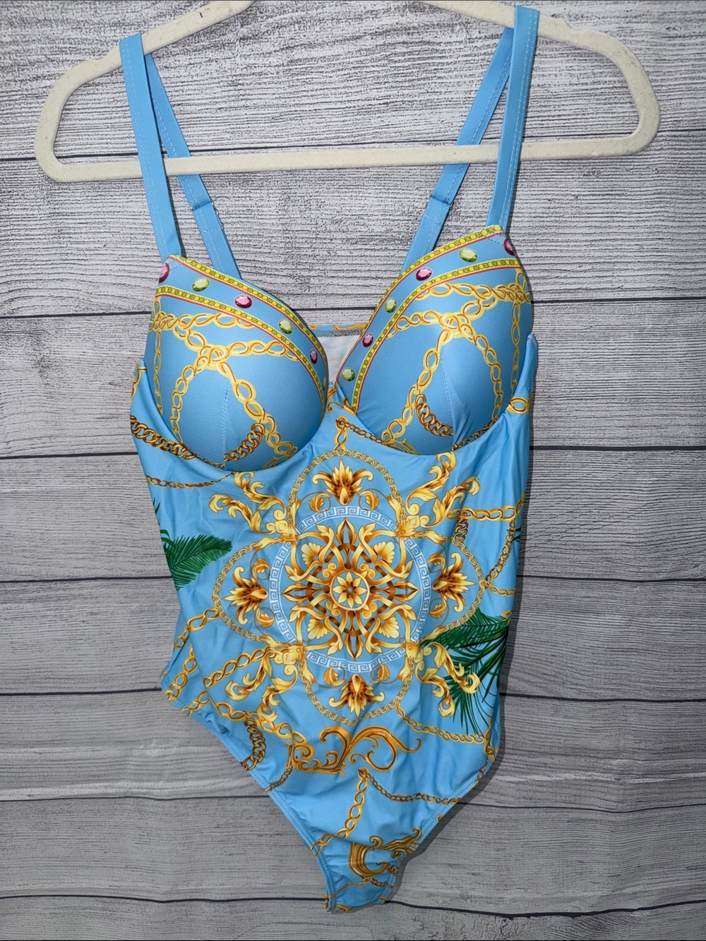 SHEIN Blue and Gold Chain Print One-Piece Swimsuit